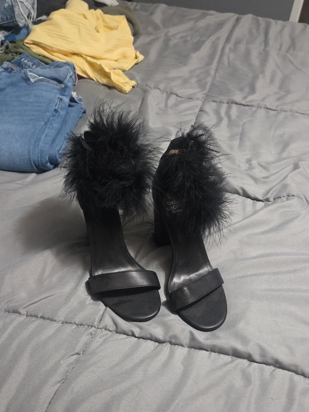 Black Feather-Trim High Heel Sandals for Women